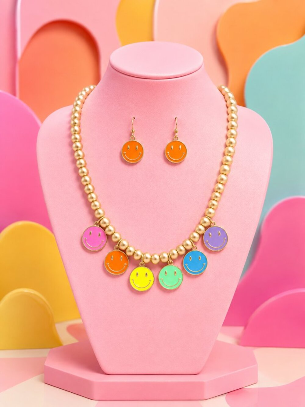 Colorful Smiley Face Charm Necklace & Earrings Set Emoji Beaded Happy Face NEW